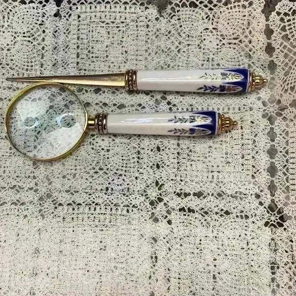 Vintage Cobalt Blue & White Porcelain Desk Set,  Magnifying Glass, Letter Opener - Picture 6 of 16